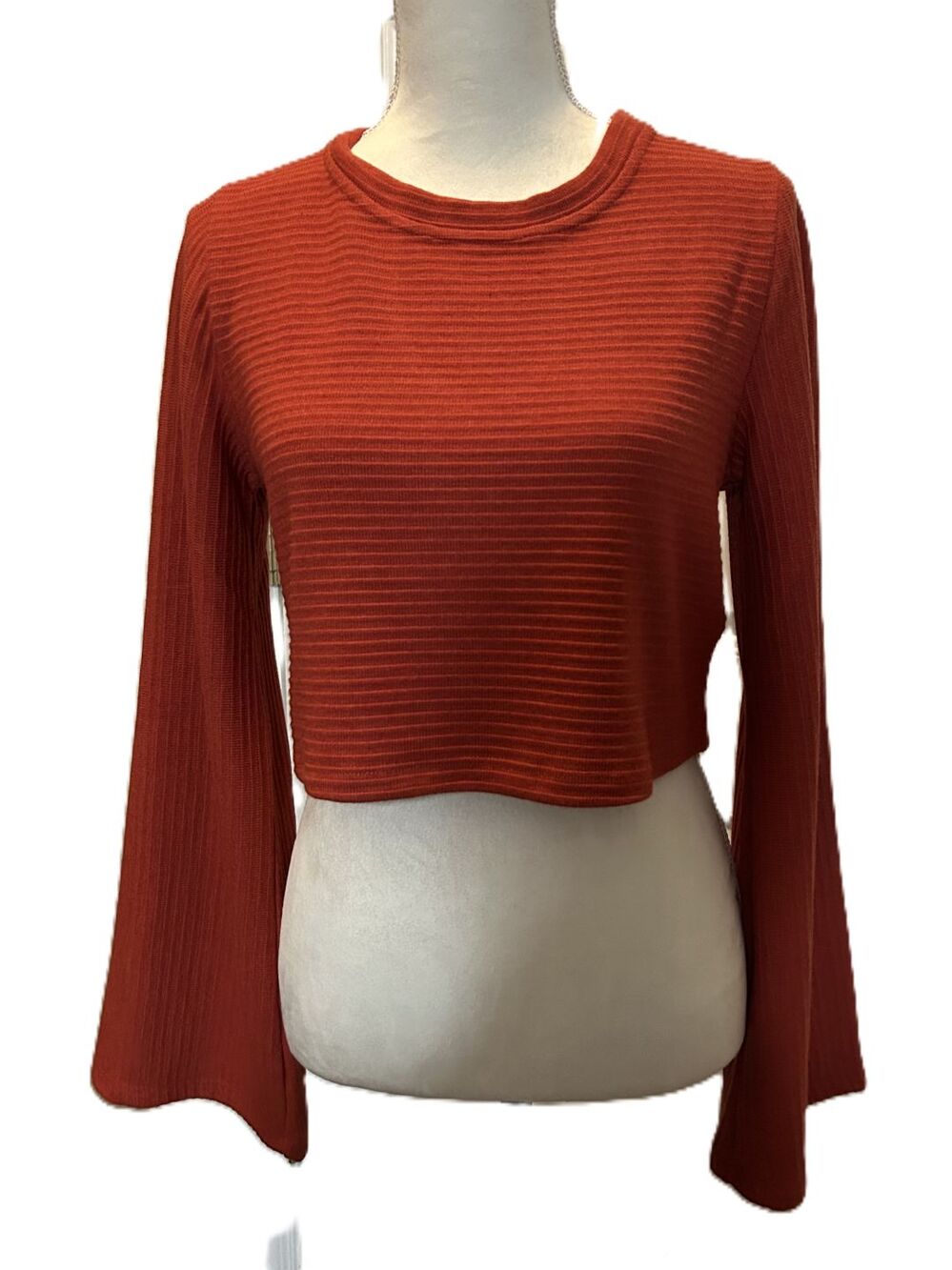 NWT Band of the Free Boho Bell Sleeve Rust Ribbed Crop Top Tear-Drop Cutout-Med.